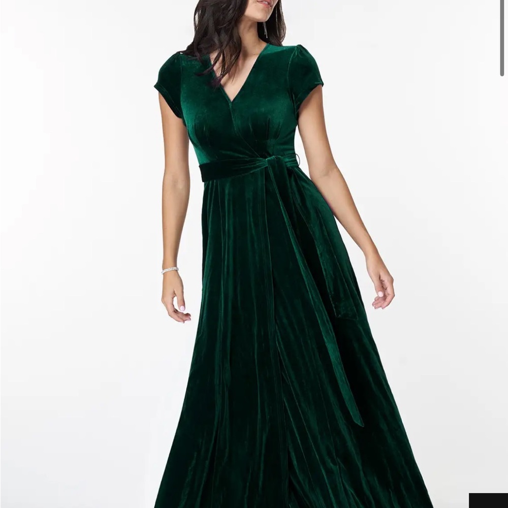 Dark green velvet full length dress from Azazie.